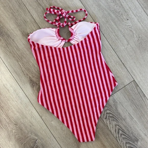 NWOT Beach Riot Med Phoenix Halter one piece terry cloth red pink striped swim - Picture 2 of 5